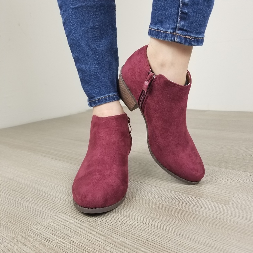 Vegan Suede Fall Color  Burgundy Ankle Booties - Picture 3 of 8